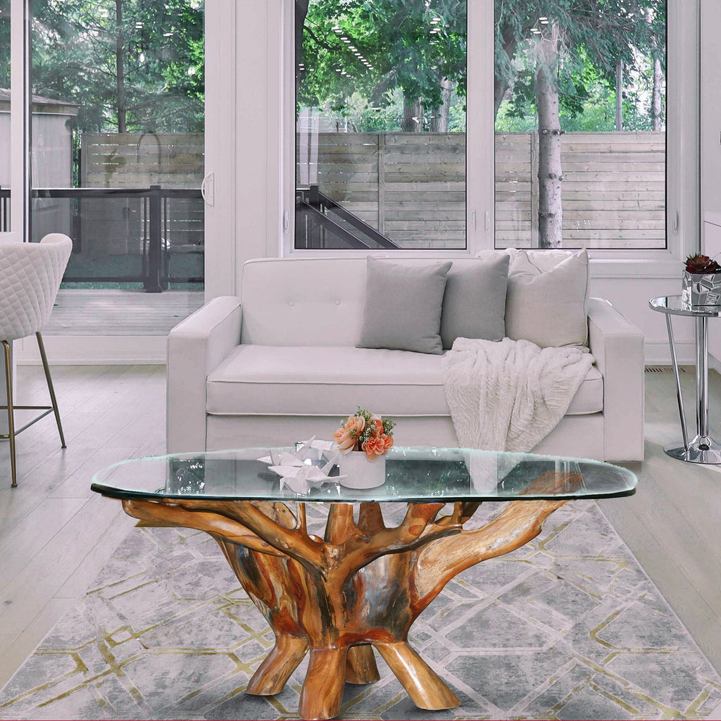 Chic Teak Root Coffee Table with Glass Top - Shop Now