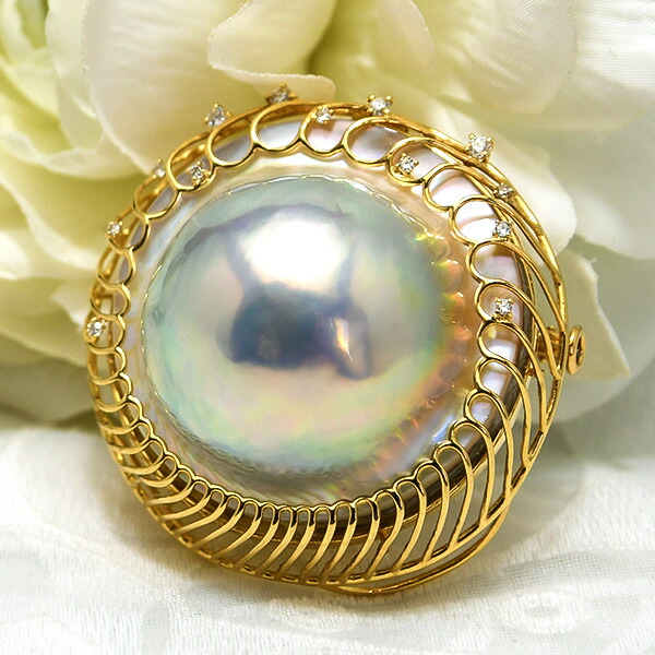 楽天市場】29mm ブルー マベ真珠 ダイヤモンド K18YG ブローチ