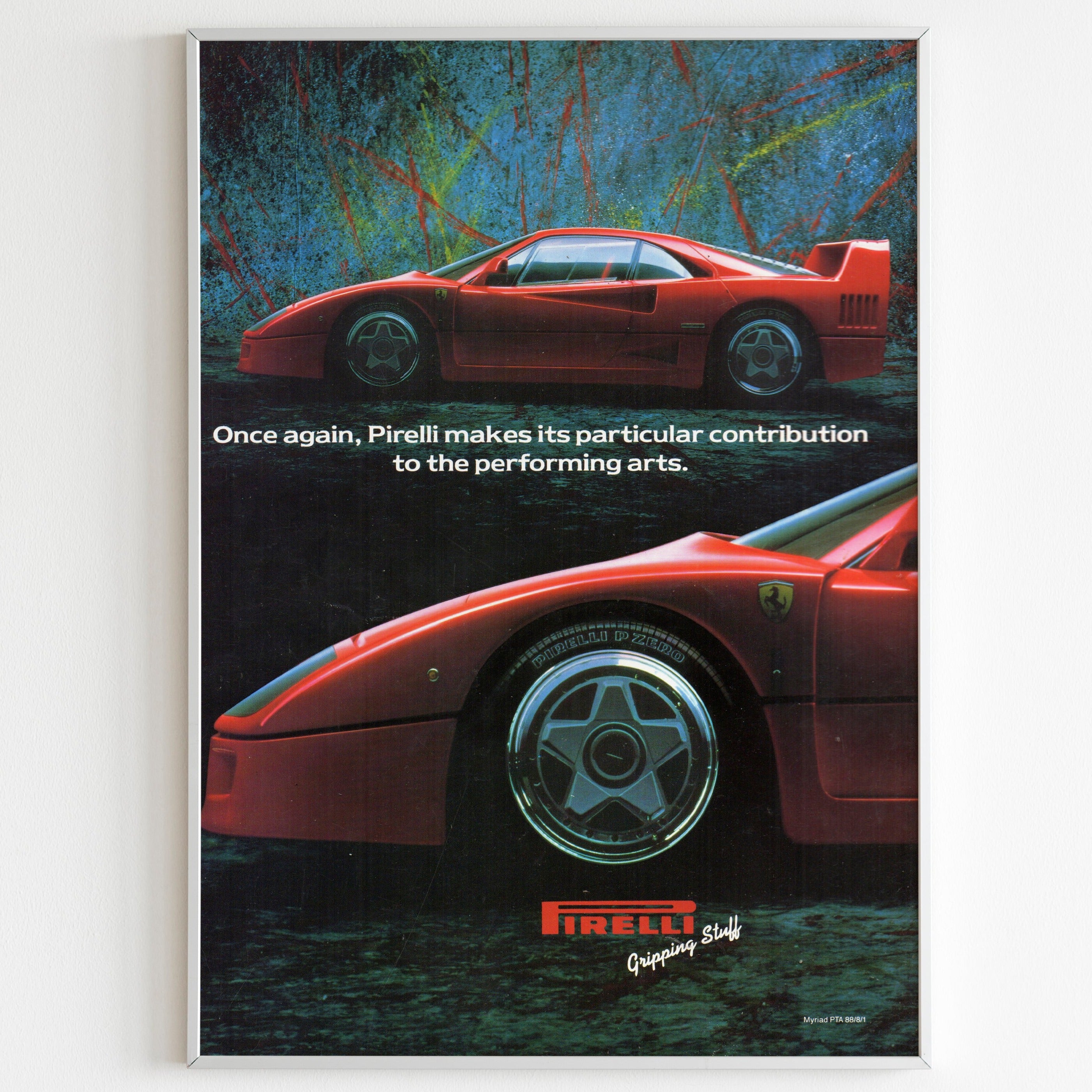 Ferrari Pirelli Advertising Poster, Sport Car 80s Style Print