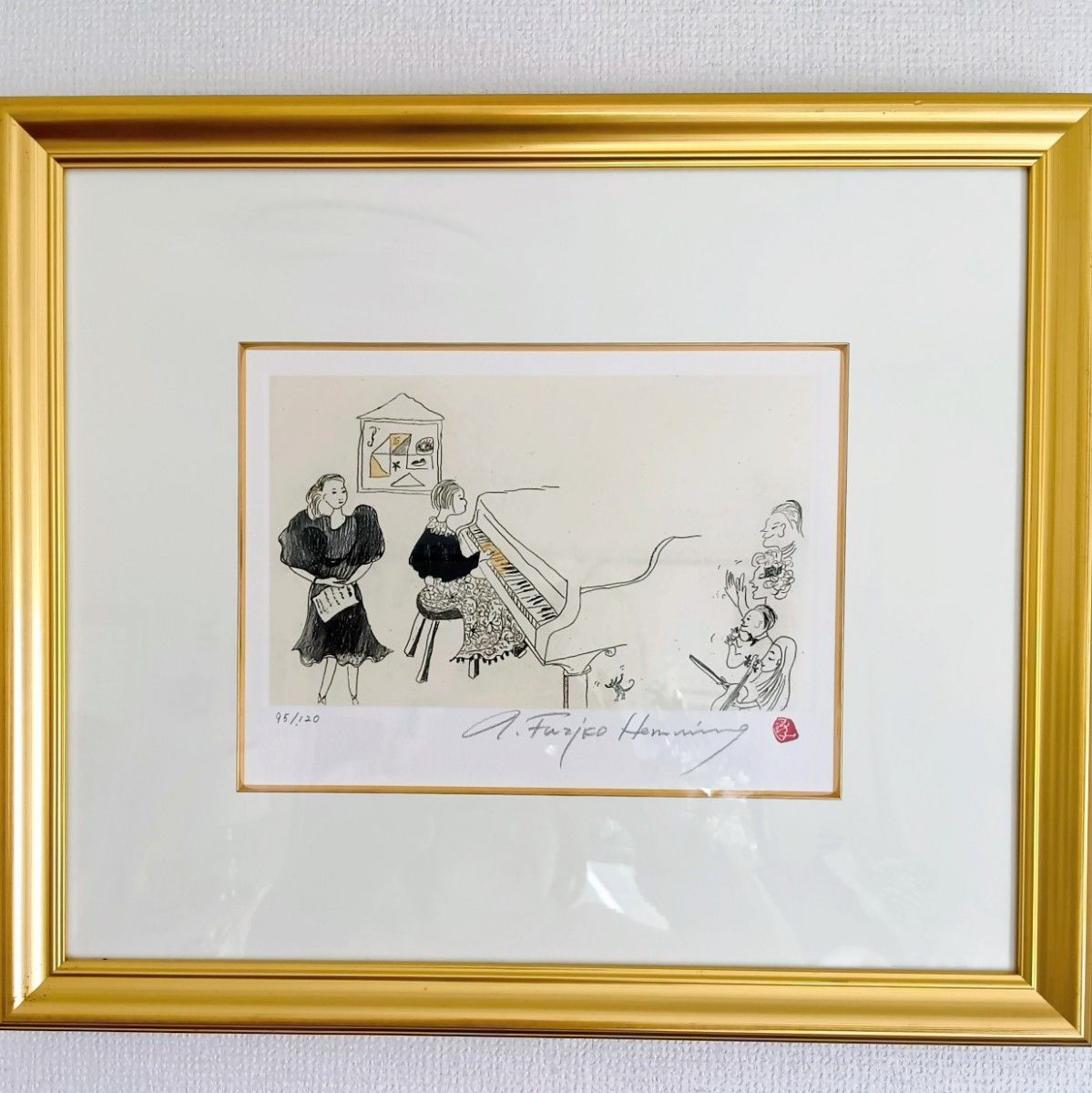 美品 フジコ・ヘミング銅版画「ドイツの学生コンサート」 直筆サイン