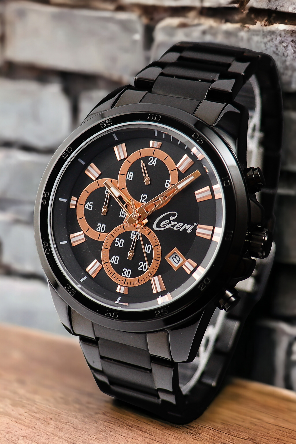 Cezeri Orijinal Fonksiyonlu Takvimli Kronometreli Bakır Siyah