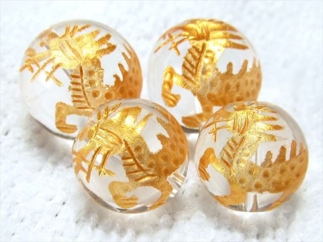 1粒売り 金塗り14ミリ珠 天然水晶 クリスタル 麒麟 キリン 彫り 吉祥