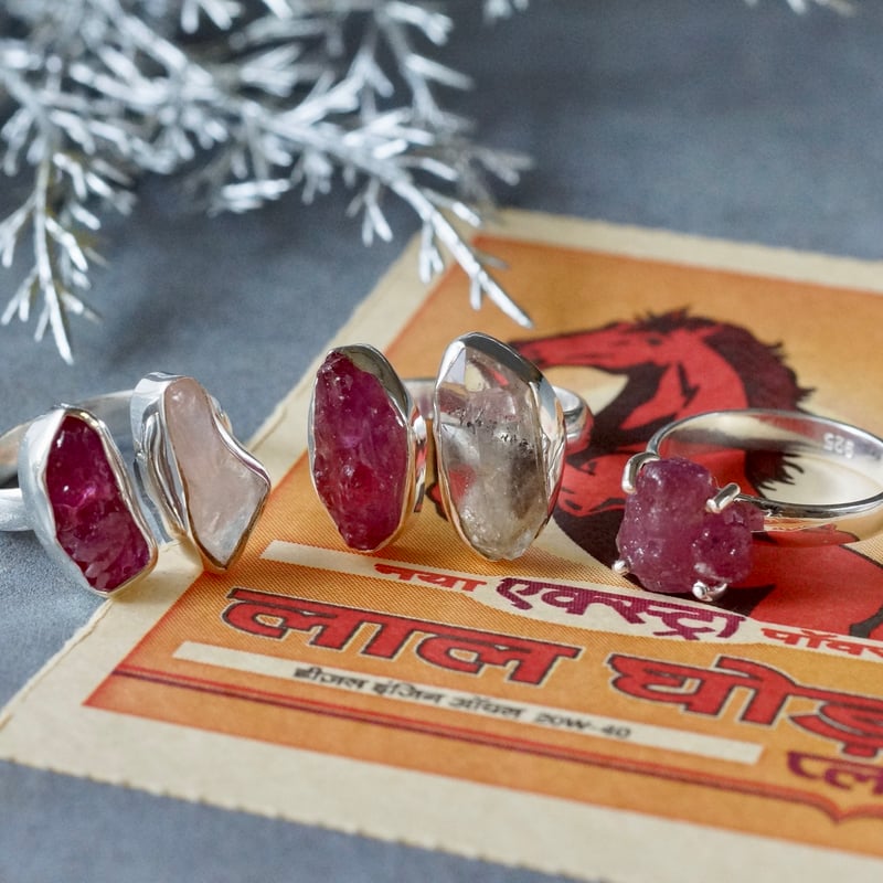 ルビー/ハーキマーダイヤモンド（水晶） ラフカット（原石）リング