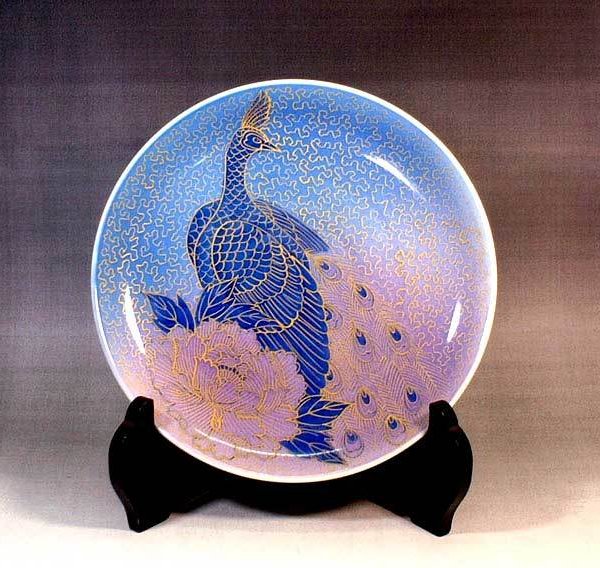 有田焼 陶芸家 藤井錦彩作】有田焼美術品 染錦金彩釉裏紅孔雀牡丹絵