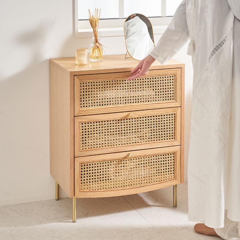 チェスト 3段 タンス 収納 引き出し ラタン 籐 ウッド 木 60cm幅