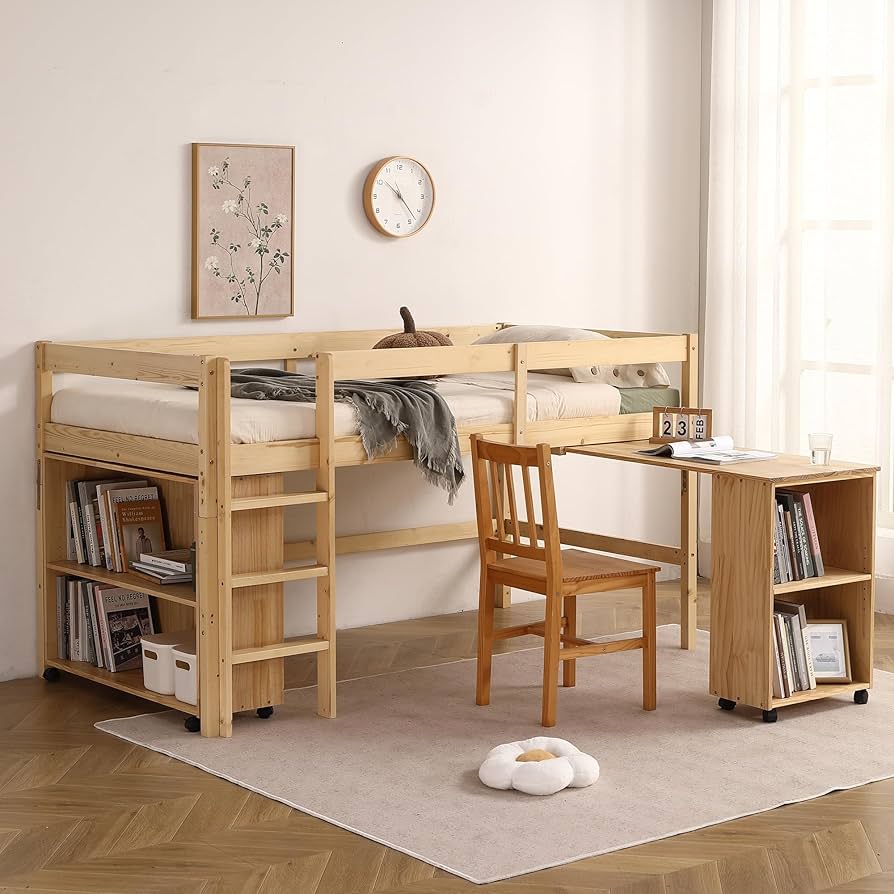 Amazon｜システムベッド ロフトベッド 木製 シングル デスク 本棚 机