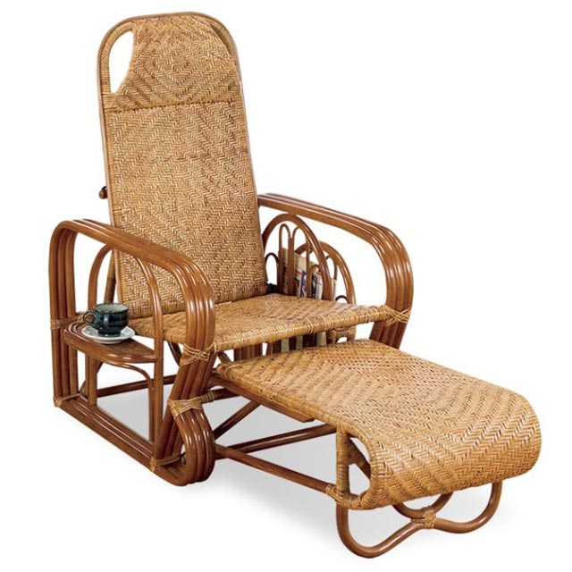 天然籐リクライニングチェア マガジンラック・サイドテーブル付き