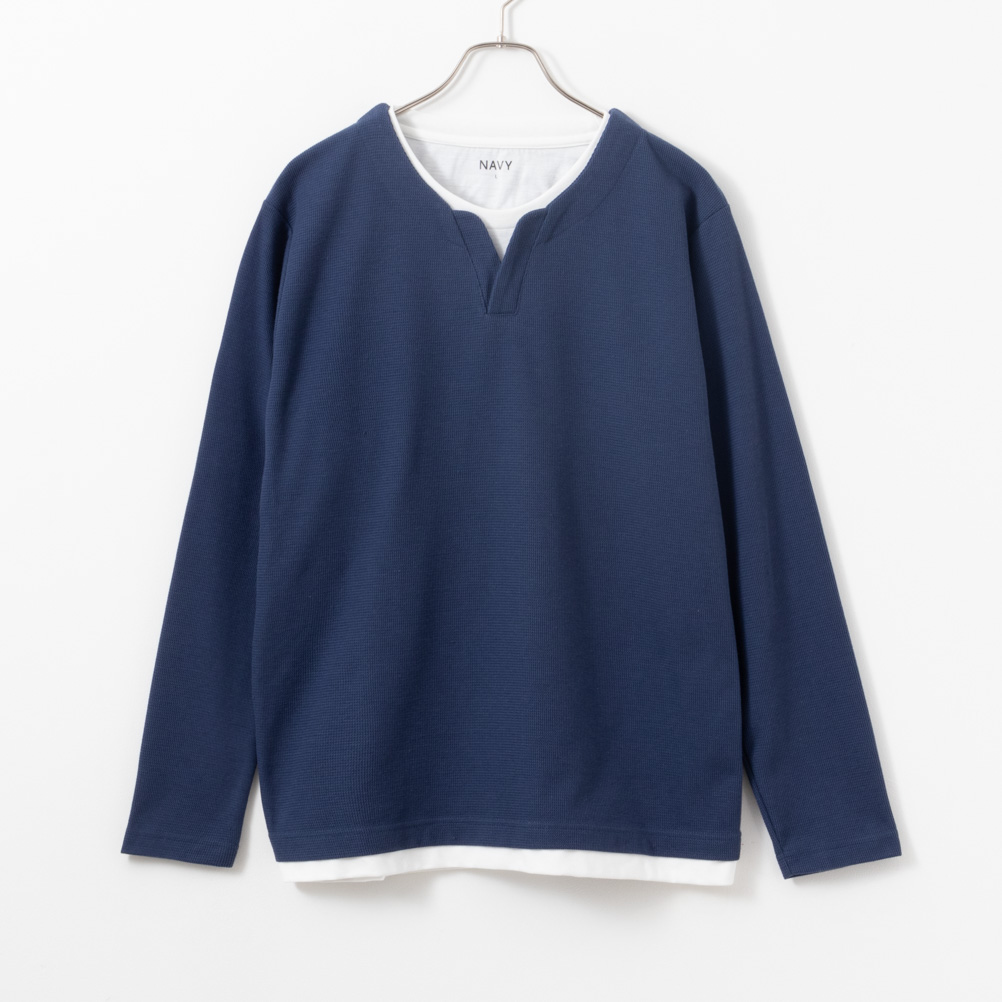NAVY Tシャツ メンズ 長袖 フェイクレイヤード 無地 ロンT キーネック