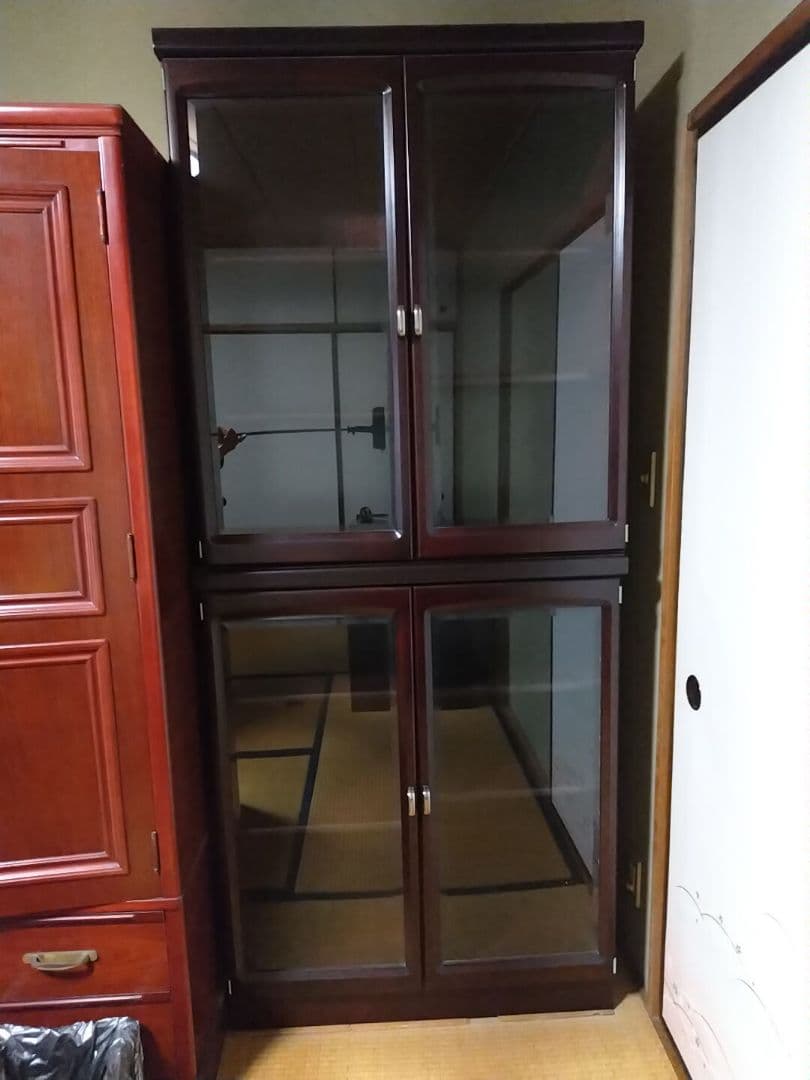 ダークブラウン 木製 ガラス扉本棚 200cm 上下分離可 日本製］ダブル棚板のガラス扉の頑丈本棚（本棚/書棚/ブックシェルフ