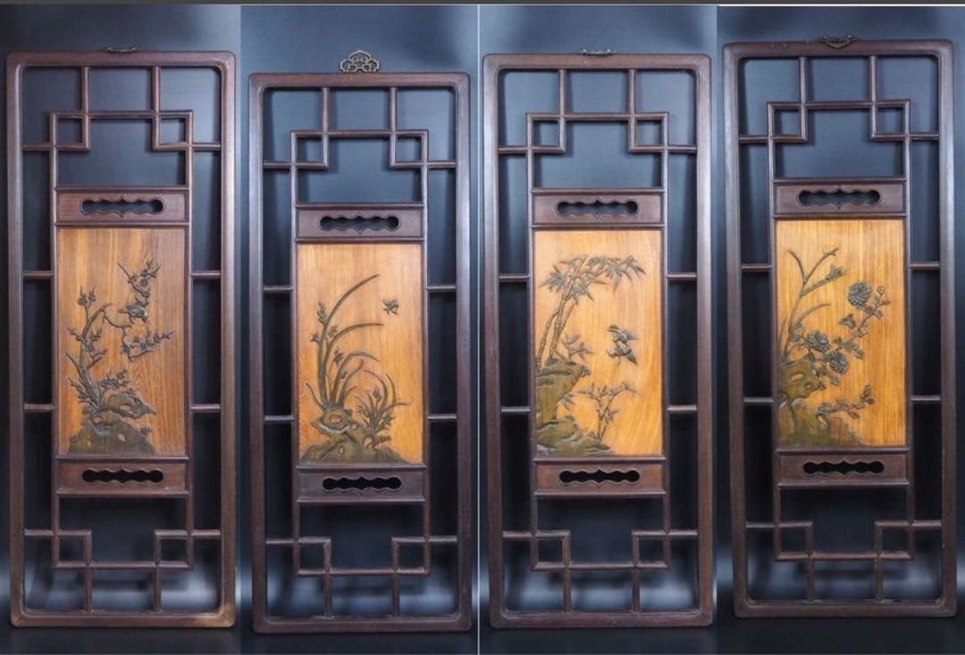 送料無料　清末～民国　唐木紅木鉄刀木　梅蘭竹菊四君子紋彫刻額　94×38ｃｍ 梅蘭竹菊 26.5cm（四君子 竹) 参次元彫刻『雅』 透かし彫 楠彫刻