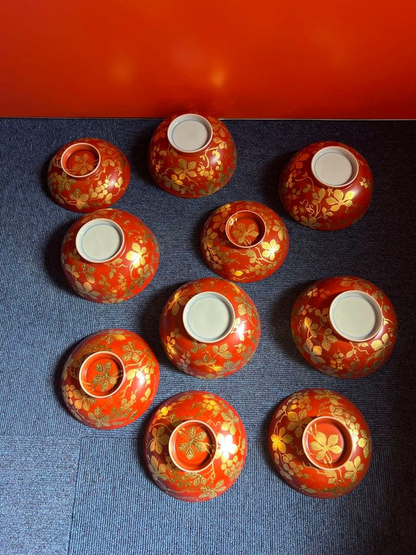 1473 清水焼 平安壹山 金襴手葡萄文 蓋向附 碗 5客 金彩