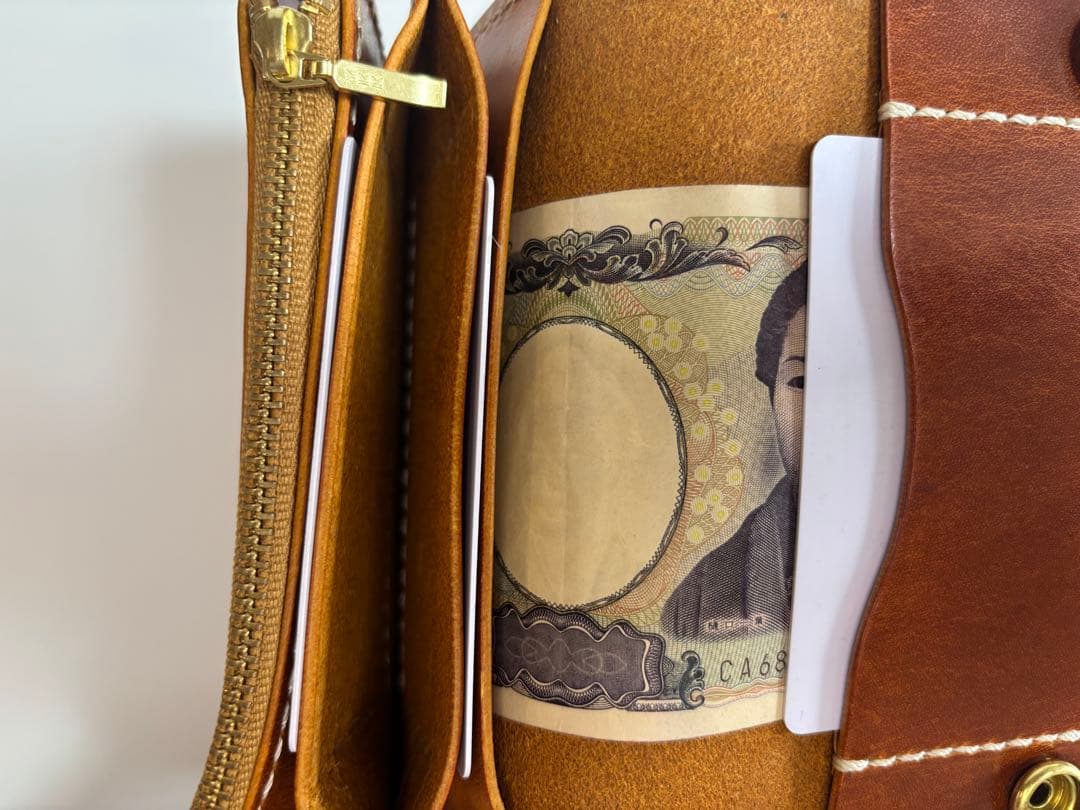 キャメル ヌメ革 トラッカーウォレット 三層 真鍮 レザークラフト