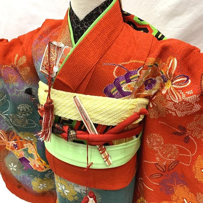 412ag63□七五三 七歳 女児 着物&袋帯 金彩 縮緬 扇 赤緑□状態