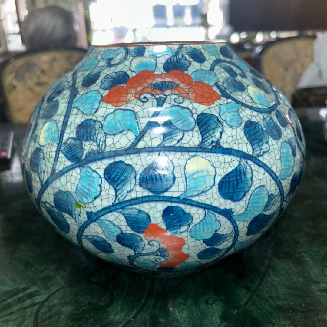 青と赤の花模様 陶器製花瓶 23xH20口径8 - メルカリ