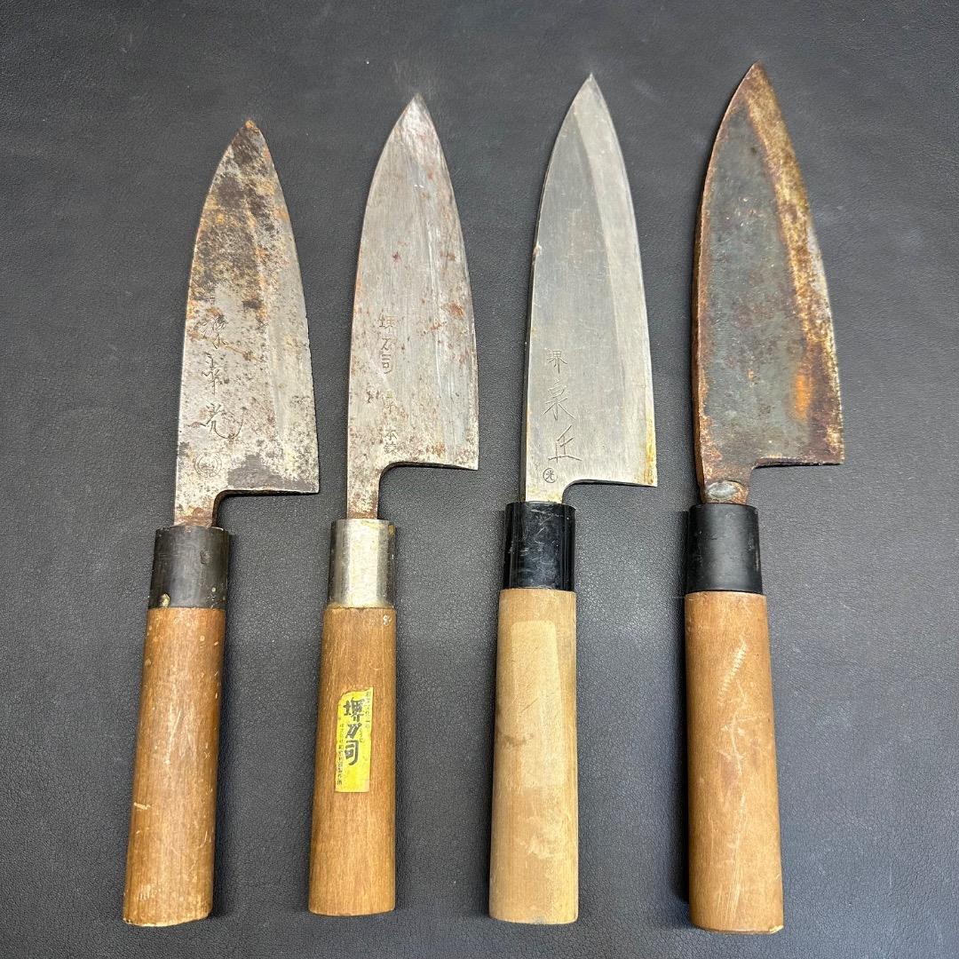 ♡※前Ga1006 出刃包丁 和包丁 堺刀司 源幸光 堺泉丘など 4点まとめ 出刃包丁 180mm 片刃 右手用 ハガネ カスミ 堺源吉作 ダイキチ 日本製