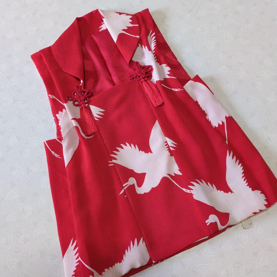 七五三３歳正絹アンティーク鶴柄の被布（中綿無し） 七五三3歳アンティーク着物と正絹鶴柄の被布(中綿無し）