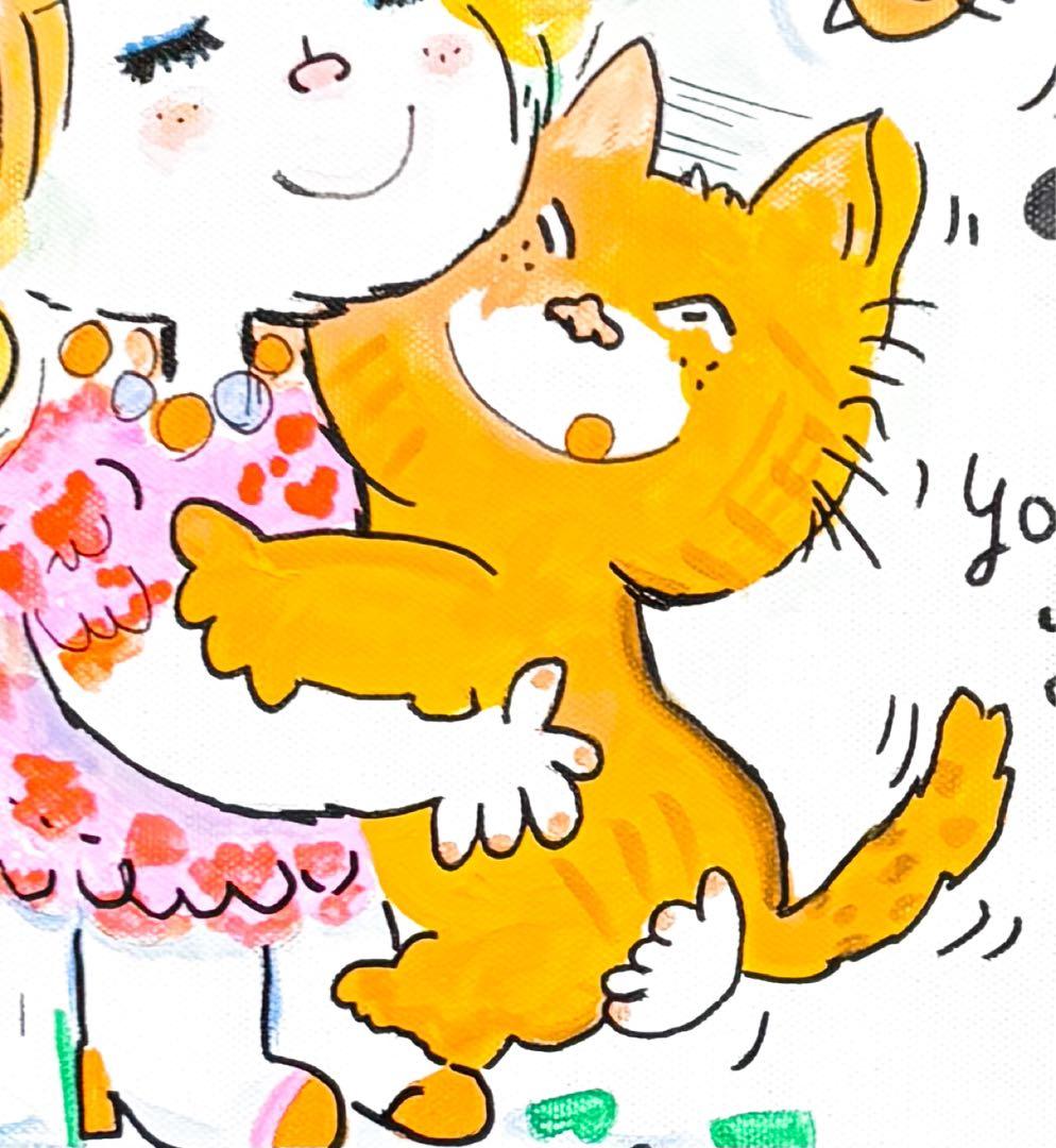 F4号】手描き油彩 水森亜土 額縁 新品額 サイン 絵画 女の子 猫 人気