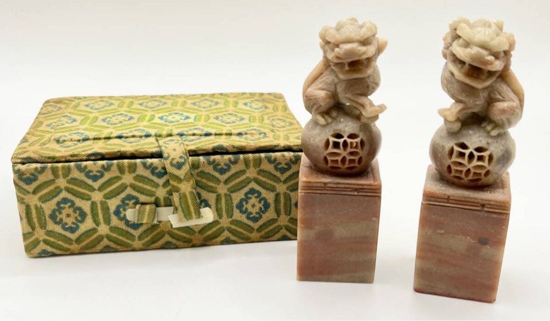 石彫刻 獅子の彫刻 収納箱付き印材 篆刻印材 篆刻獅子シーサー中古品