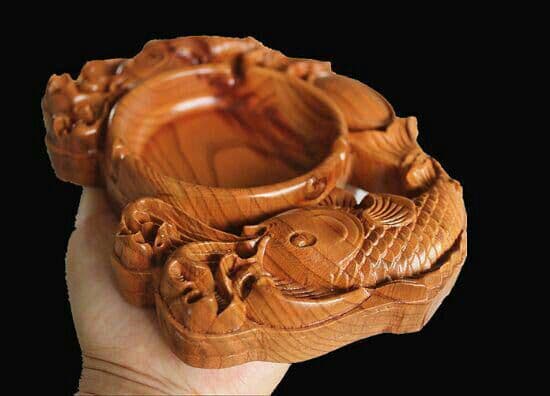桃木彫刻、双魚抱宝灰皿装飾置物2