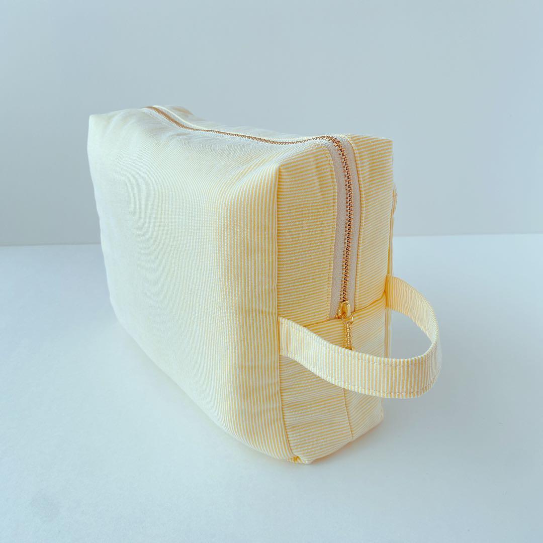 くまちゃん アップリケ おむつポーチ イエロー ストライプ トラベルポーチ