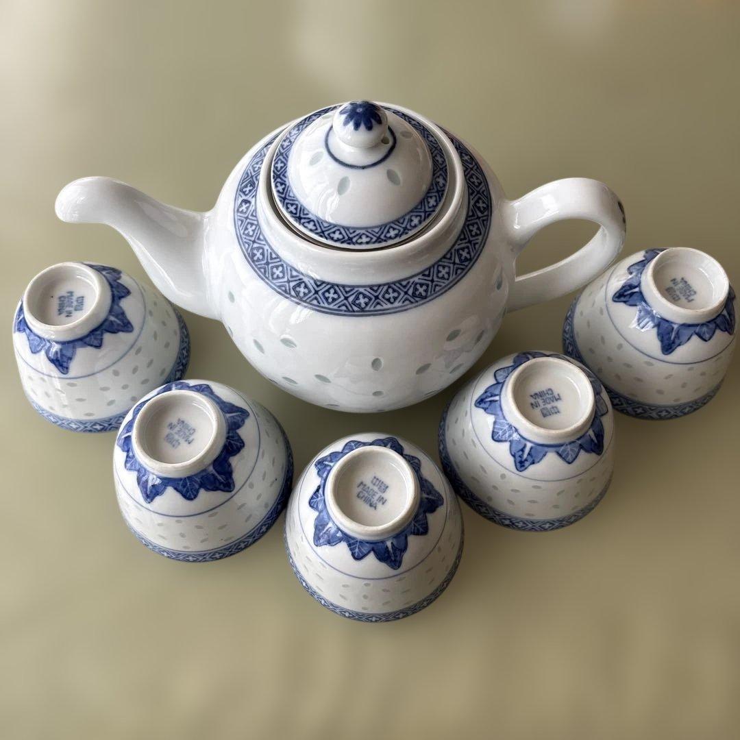 中国景徳鎮 茶器セット 急須×1 （茶こし付き） 湯呑み×5 ホタル模様