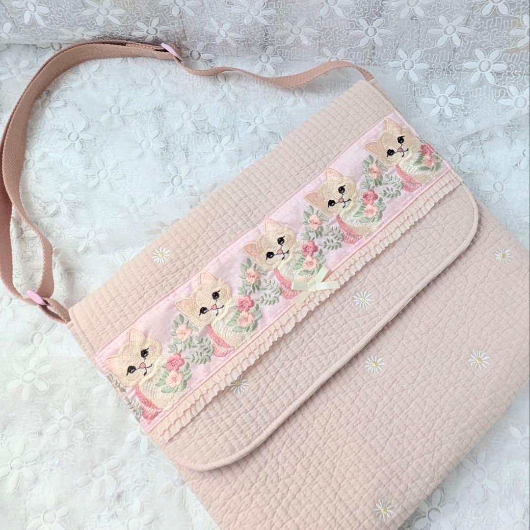 図書袋 絵本バッグ 通園バッグ ショルダー ヌビ ねこちゃん刺繍リボン